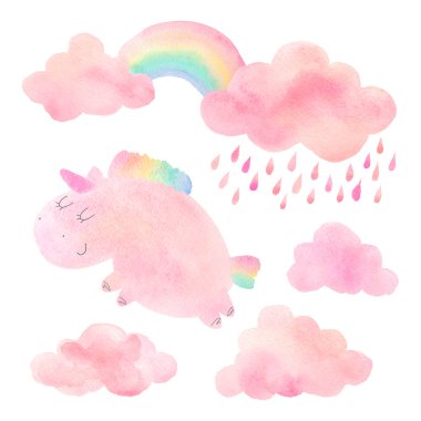 Suluboya unicorn ve bulutlar yağmur ve rainbow ile