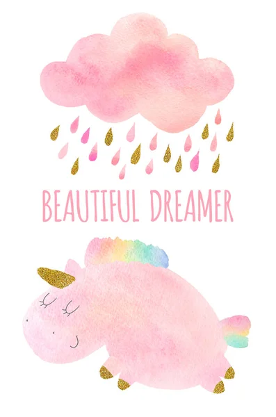 Suluboya unicorn ve bulut ile yağmur