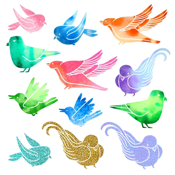 Aantal willekeurige vogels met glitter en aquarel — Stockfoto