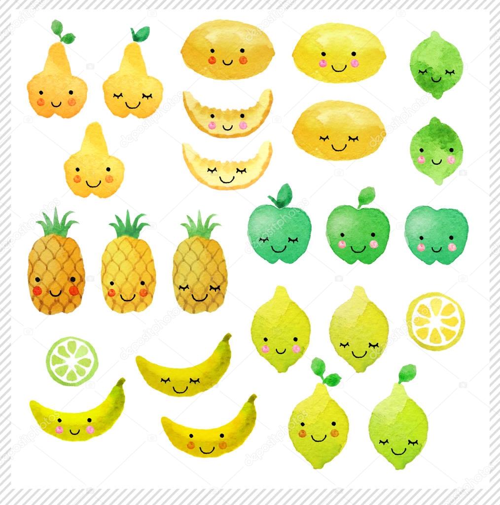 Set of hand drawn watercolor fruits. Set of cute fruits isolated on white background. Design for kids.