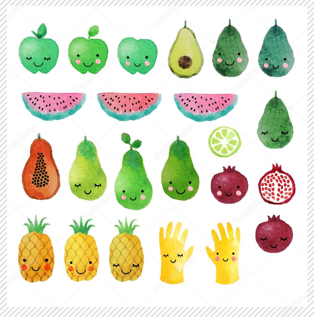 Set of hand drawn watercolor fruits. Set of cute fruits isolated on white background. Design for kids.