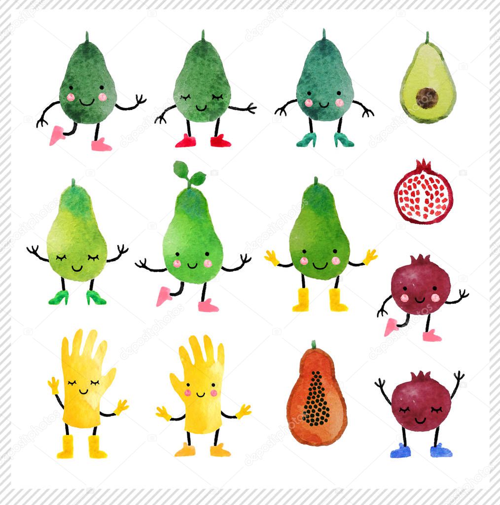 Set of hand drawn watercolor fruits. Set of cute fruits isolated on white background. Design for kids.