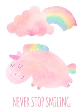 Suluboya unicorn ve rainbow ile bulut