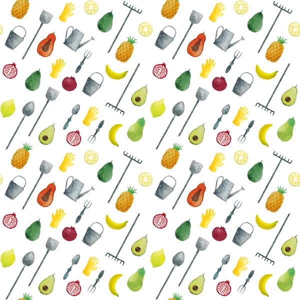 水果和园林工具的水彩矢量模式 — 图库矢量图片