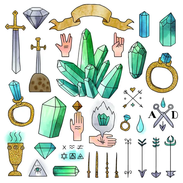 Set of hand drawn medieval elements with watercolor effect. — Stock Vector