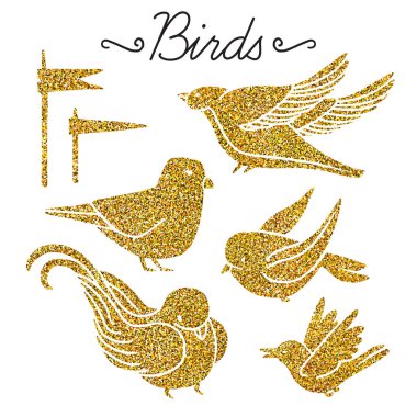 Rasgele kuşlar altın glitter ile kümesi