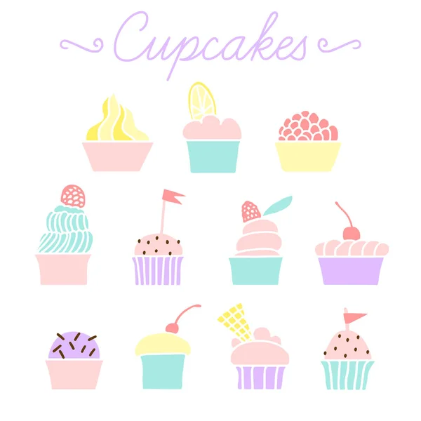 Conjunto de cupcakes coloridos vetoriais para festa e aniversário — Vetor de Stock