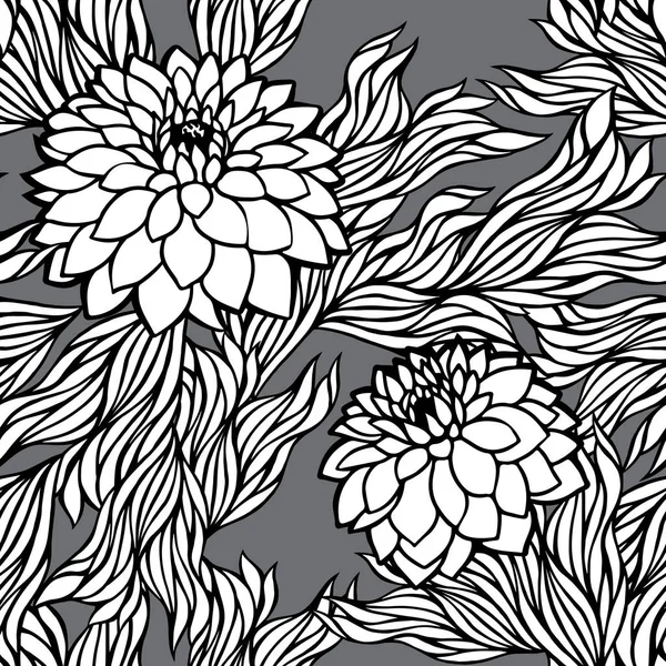 Vetor padrão floral sem costura preto e branco monocromático — Vetor de Stock