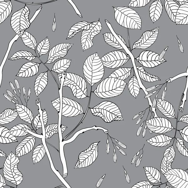 Vector dibujado a mano en blanco y negro patrón sin costura floral de ceniza — Vector de stock