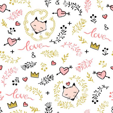 Vektör w izole elle çizilmiş şirin tilki ile seamless modeli