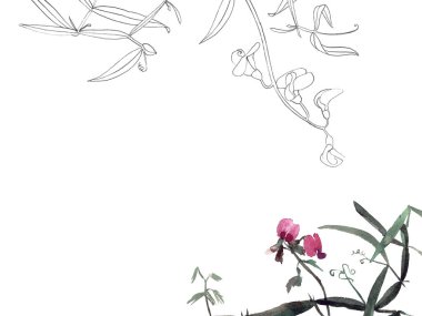 Zarif posta kartı ve suluboya ile davetiye şablonu ve tasarımınız için yabani egzotik çiçekler..