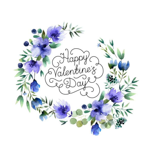 Beautiful Watercolor Wreath Happy Valentine Day Inscription Isolated White Background — Stock Photo, Image