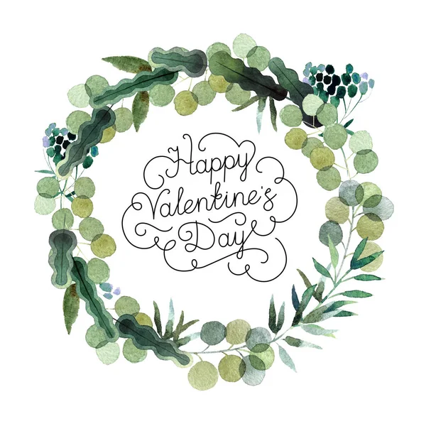 Beautiful Watercolor Wreath Happy Valentine Day Inscription Isolated White Background — Stock Photo, Image