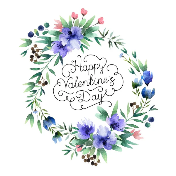 Beautiful Watercolor Wreath Happy Valentine Day Inscription Isolated White Background — Stock Photo, Image