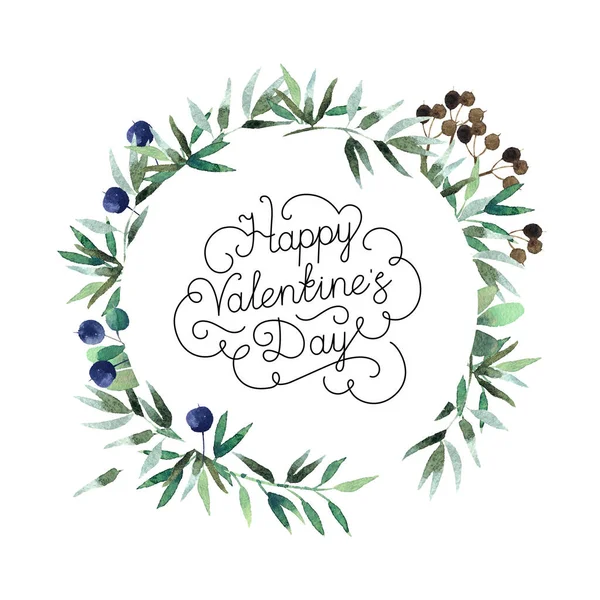 Beautiful Watercolor Wreath Happy Valentine Day Inscription Isolated White Background — Stock Photo, Image