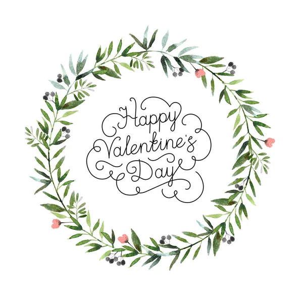 Gyönyörű Akvarell Koszorú Boldog Valentin Napot Felirattal Elszigetelt Fehér Háttér — Stock Fotó