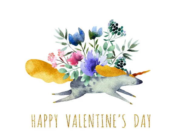 Beautiful Watercolor Bouquet Watercolor Unicorn Isolated White Background Happy Valentine — Stock Photo, Image