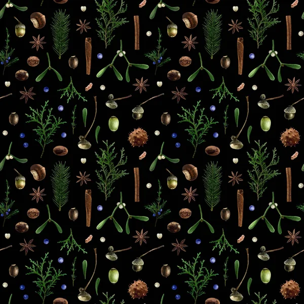 Botanická Akvarel Bezešvný Vzor Izolované Černém Pozadí Vánoční Květinový Vzor — Stock fotografie