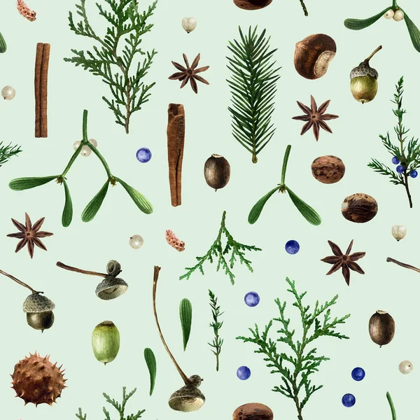 Botanisk Akvarell Sömlös Mönster Isolerad Grön Bakgrund Julblommönster Med Mistel — Stockfoto