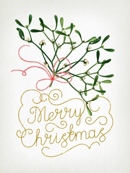 Greeting retro Christmas card with mistletoe isolated on old paper background. Watercolor postcard with mistletoe, hand drawn letters, ready to print.