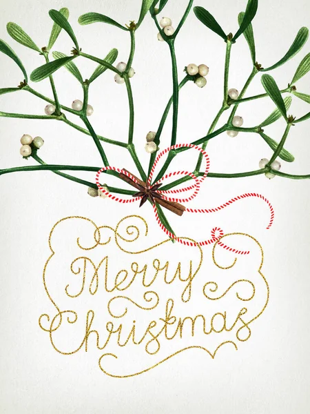 Greeting retro Christmas card with mistletoe isolated on old paper background. Watercolor postcard with mistletoe, hand drawn letters, ready to print.