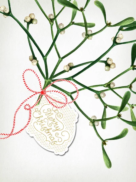 Greeting Christmas card with mistletoe isolated on old paper background. Watercolor postcard with mistletoe, label, hand drawn letters, ready to print.