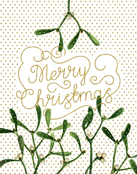 Greeting Christmas retro card with mistletoe isolated on white background. Watercolor postcard with mistletoe, hand drawn gold glitter letters, ready to print.