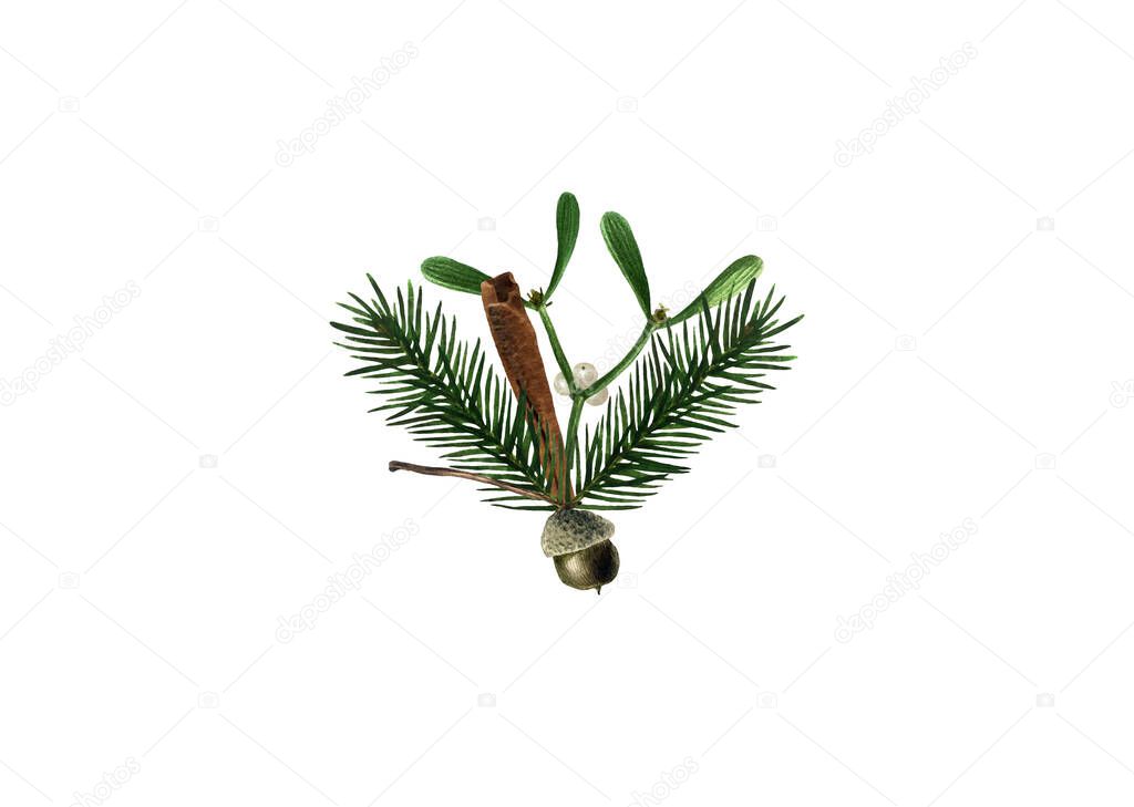 Floral arrangement with mistletoe isolated on white background. Watercolor hand drawn illustration with mistletoe, spruce, thuja for your design.