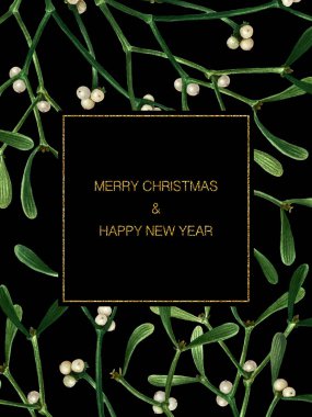 Siyah arka planda ökseotu olan bir Noel kartı. Ökse otlu suluboya kartpostal, mektuplar, basılmaya hazır.