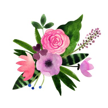 El yapımı suluboya çiçek aranjmanı beyaz arka planda izole edilmiş. Tasarım, tekstil, kartpostallar, desenler için sevimli, naif bir buket çiçek. 