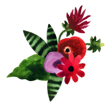 El yapımı suluboya çiçek aranjmanı beyaz arka planda izole edilmiş. Tasarım, tekstil, kartpostallar, desenler için sevimli, naif bir buket çiçek. 