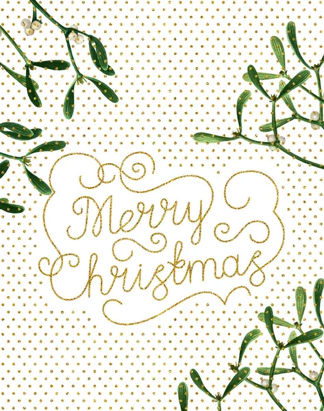 Greeting Christmas retro card with mistletoe isolated on white background. Watercolor postcard with mistletoe, hand drawn gold glitter letters, ready to print.