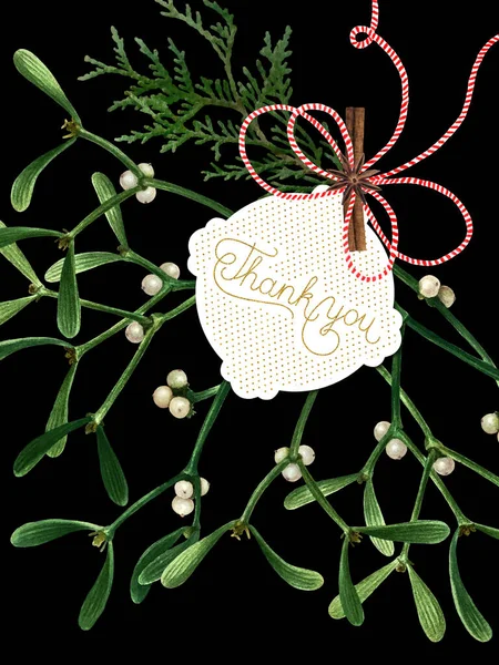 Greeting Christmas card with mistletoe isolated on black background. Watercolor postcard with mistletoe, label, hand drawn gold glitter letters, ready to print.