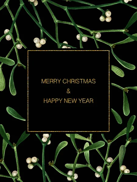 Greeting Christmas Card Mistletoe Isolated Black Background Watercolor Postcard Mistletoe — Stock Photo, Image