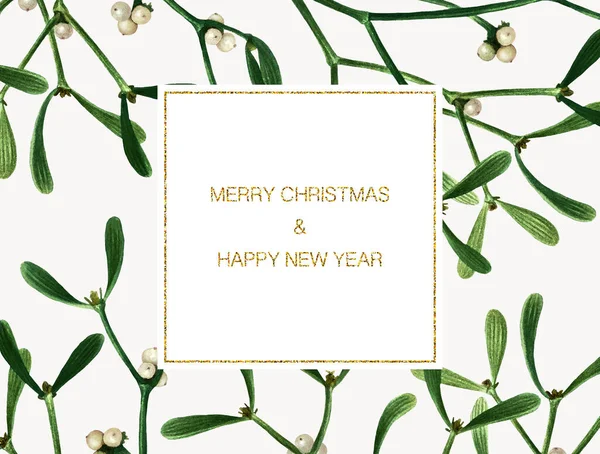 Greeting Christmas card with mistletoe isolated on white background. Watercolor postcard with mistletoe, label, hand drawn letters, ready to print.