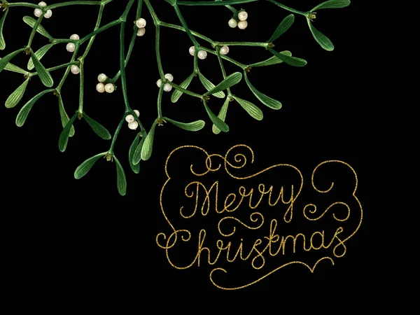 Greeting Christmas card with mistletoe isolated on black background. Watercolor postcard with mistletoe, hand drawn gold glitter letters, ready to print.