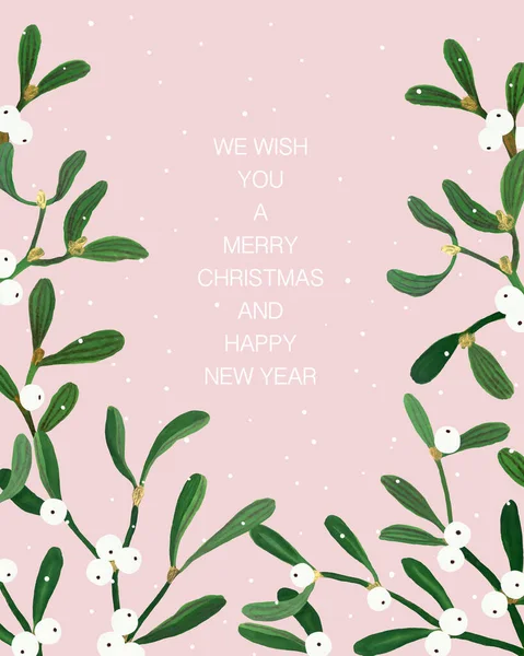 Floral Christmas postcard with mistletoe isolated on pink background. Gouache hand drawn illustration with mistletoe for your design.
