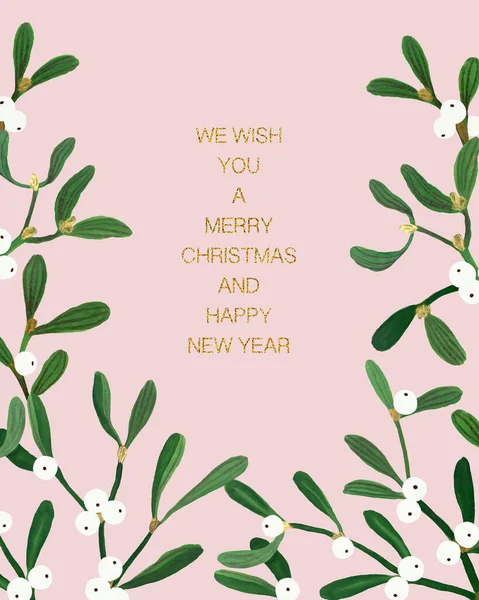 Floral Christmas postcard with mistletoe isolated on pink background. Gouache hand drawn illustration with mistletoe for your design.