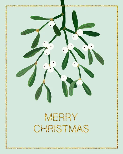 Floral Christmas postcard with mistletoe isolated on green background. Gouache hand drawn illustration with mistletoe for your design.