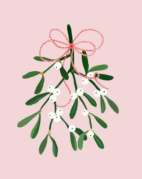 Florale Weihnachtspostkarte Mit Mistel Auf Rosa Hintergrund Handgezeichnete Gouache Illustration — Stockfoto