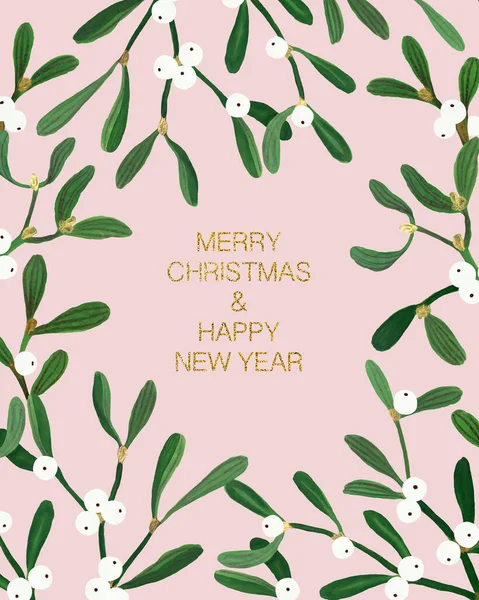 Floral Christmas postcard with mistletoe isolated on pink background. Gouache hand drawn illustration with mistletoe for your design.