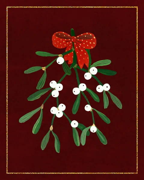 Floral Christmas postcard with mistletoe isolated on deep red background. Gouache hand drawn illustration with mistletoe for your design.