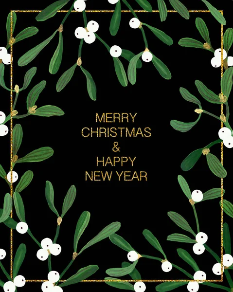 Floral Christmas Postcard Mistletoe Isolated Black Background Gouache Hand Drawn — Stock Photo, Image