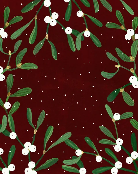 Цветочная Рождественская Открытка Омелой Снежинками Глубоком Красном Фоне Гуашь Ручной — стоковое фото