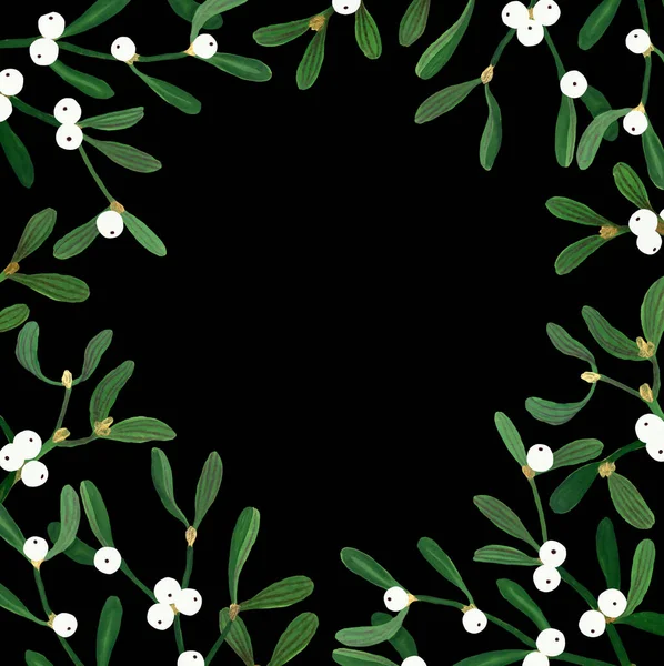 Floral Christmas postcard with mistletoe isolated on black background. Gouache hand drawn illustration with mistletoe for your design.