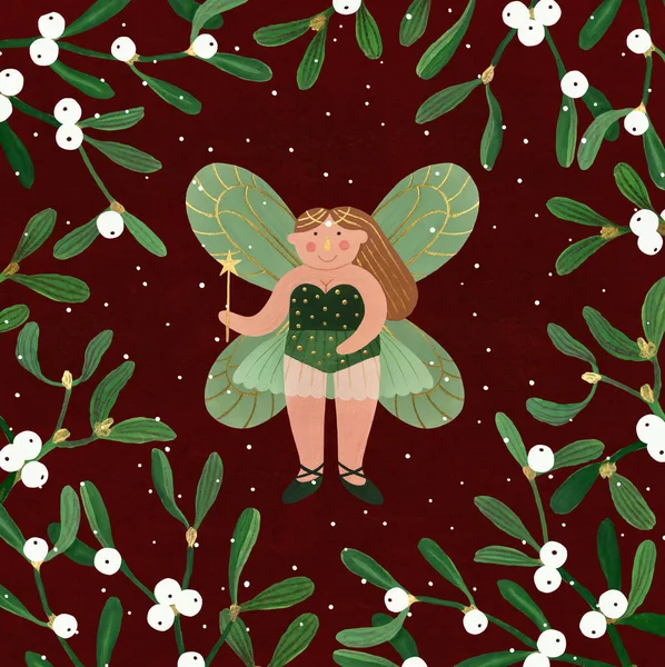 Çiçekli Noel kartpostalında ökseotu ve kış perisi, kar taneleri. Tasarımınız için ökse otlu el çizimi illüstrasyon.