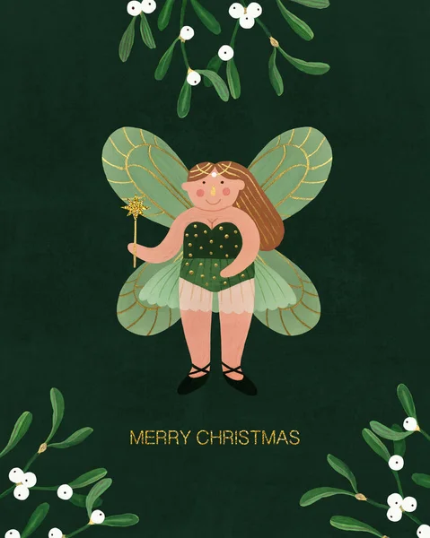 Floral Christmas postcard with mistletoe and winter fairy isolated on green background. Gouache hand drawn illustration with mistletoe for your design.
