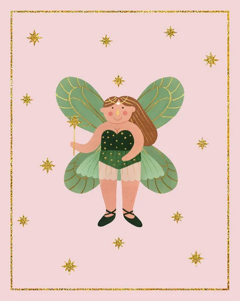 Floral Christmas Postcard Gold Stars Winter Fairy Gouache Hand Drawn — Stock Photo, Image