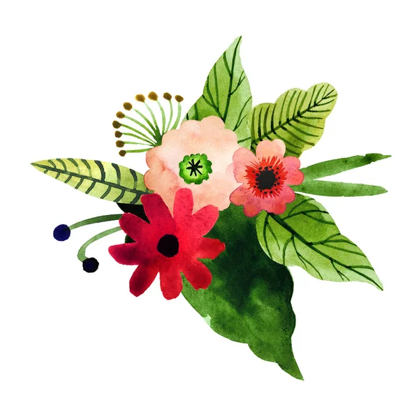 Arranjo Floral Aquarela Desenhado Mão Isolado Fundo Branco Buquê Floral — Fotografia de Stock