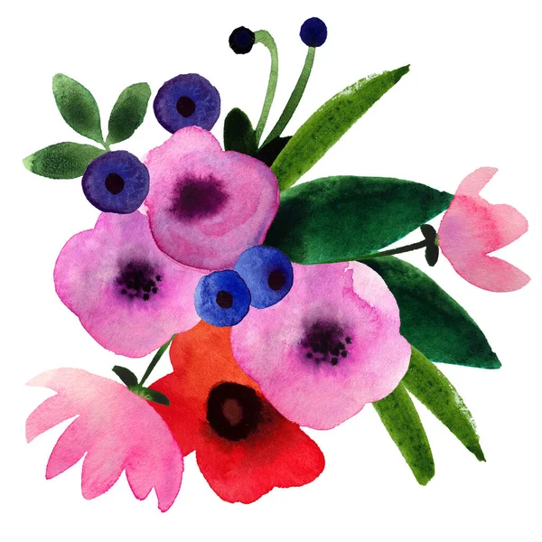 Handgezeichnetes Aquarell Blumenarrangement Isoliert Auf Weißem Hintergrund Blumenstrauß Niedlich Naivem — Stockfoto